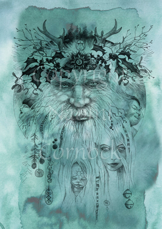 An outline pencil drawing of an old man with a beard facing the viewer. Small antlers sit above, and sprigs of holly surround the upper half of his face. Two small faces, facing outwards, appear from either side of his beard. A young elven face peers through bottom right, and the face of a sleeping baby lies below. Clooties hang from the beard. The design is colour-washed in green.