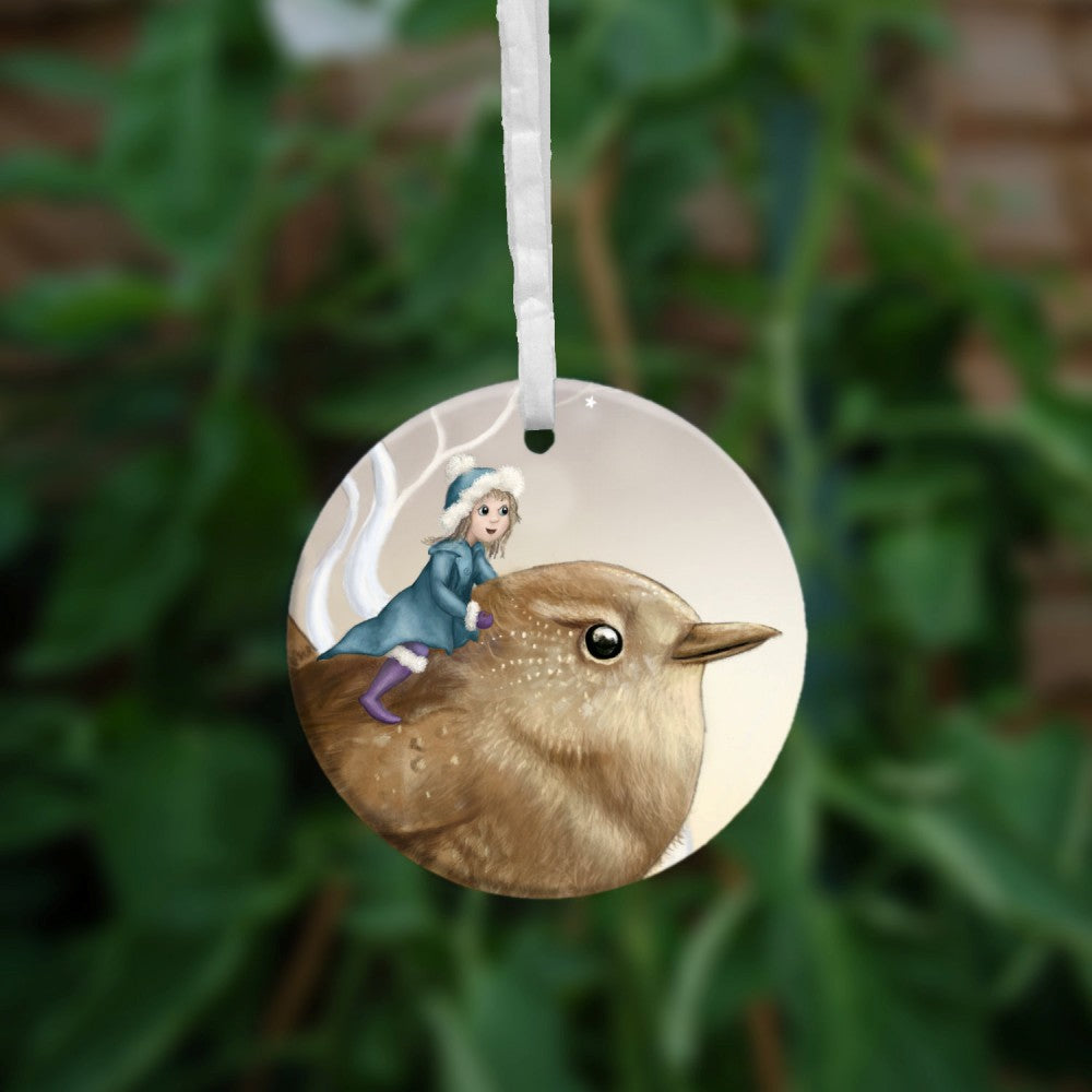 The other side of the ornament, showing a close up of the fairy and the head of the wren.