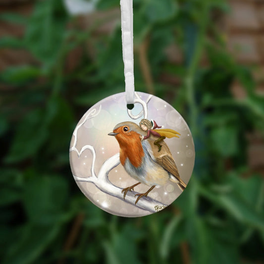 A robin perches on a white leafless branch. Twigs twist and curl from the branch, one forming a heart shape. A fairy with mustard-coloured wings and wearing red and brown, and a santa hat, holds onto the back of the robin, eyes closed and looking content. The background is mid-brown with stars and bubbles.