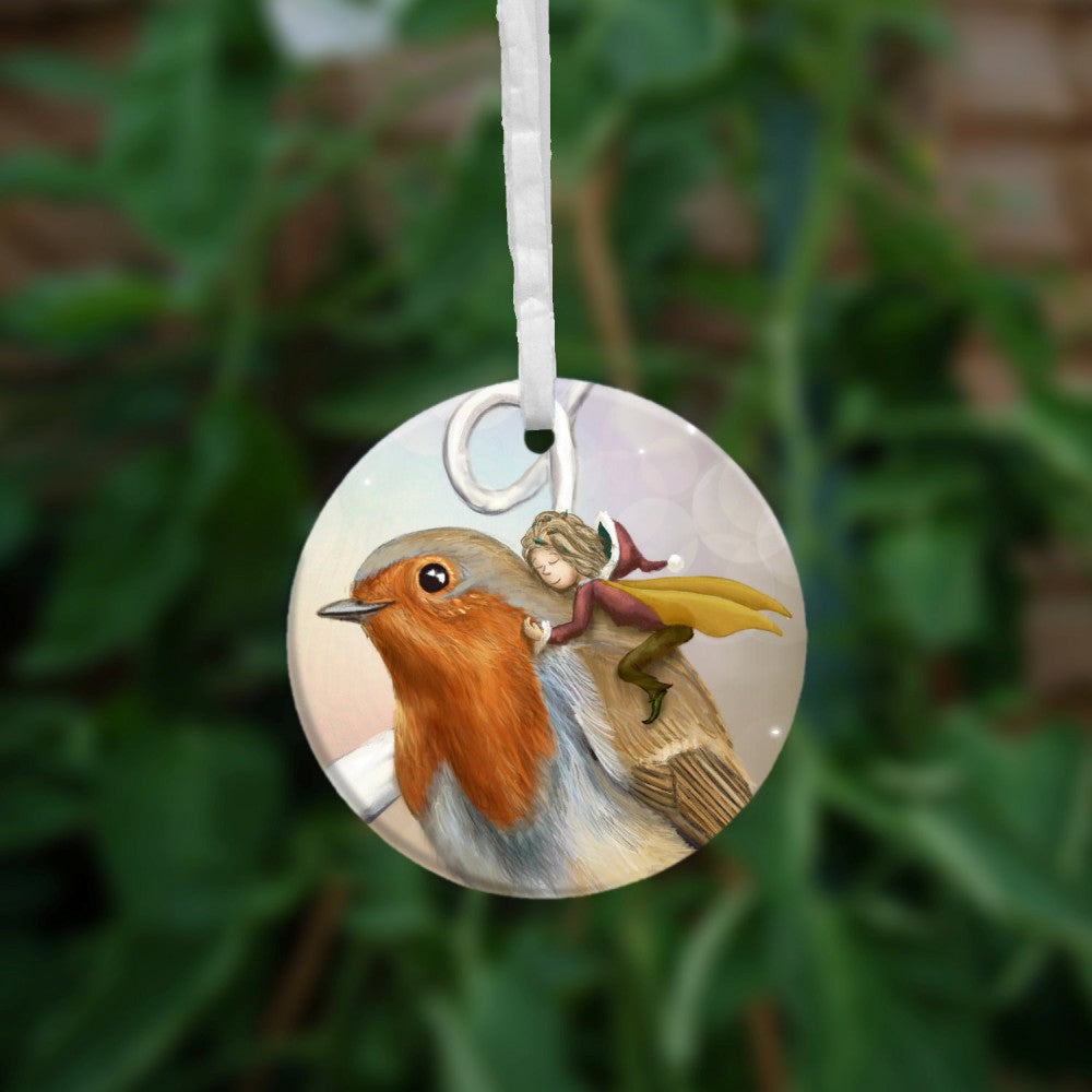 The other side of the ornament, showing a close up of the fairy and robin.