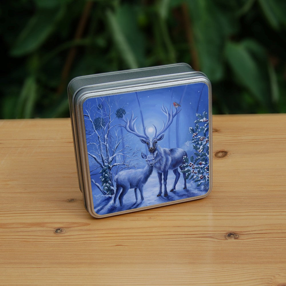 A stag and doe stand facing each other, heads turned towards the viewer. The design is cast in shades of blue. A robin perches on one of the stag's antlers. Snow lies underfoot, and on the branches of the berried holly tree to the right, and bare tree to the left. Pale fairies flit through the branches. Balls of mistletoe sit in the bare tree. A wintery moon rises from between the stag's antlers, and stars can be seen in the sky beyond.