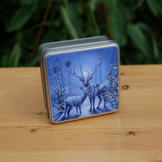 A stag and doe stand facing each other, heads turned towards the viewer. The design is cast in shades of blue. A robin perches on one of the stag's antlers. Snow lies underfoot, and on the branches of the berried holly tree to the right, and bare tree to the left. Pale fairies flit through the branches. Balls of mistletoe sit in the bare tree. A wintery moon rises from between the stag's antlers, and stars can be seen in the sky beyond.