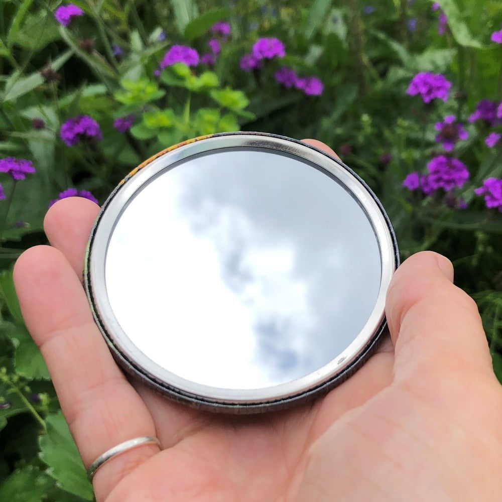 The mirrored side of the pocket mirror. The mirror fills the entire back, except for a small silver border.