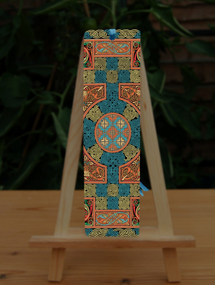 An intricate design incorporating dozens of Celtic knots. Colours are orange, beige and blue.