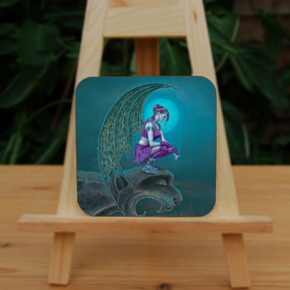 A female demon with pointed ears and huge wings which curve above and down below her, sits on the head of a gargoyle, smoking a cigarette. Her wings have the appearance of snake skin, and end in sharp points. She's wearing all purple - crop top, short skirt, leggings and gloves, and black gothic buckled boots. It's dark and the full moon glows, appearing directly beyond her head and shoulders.