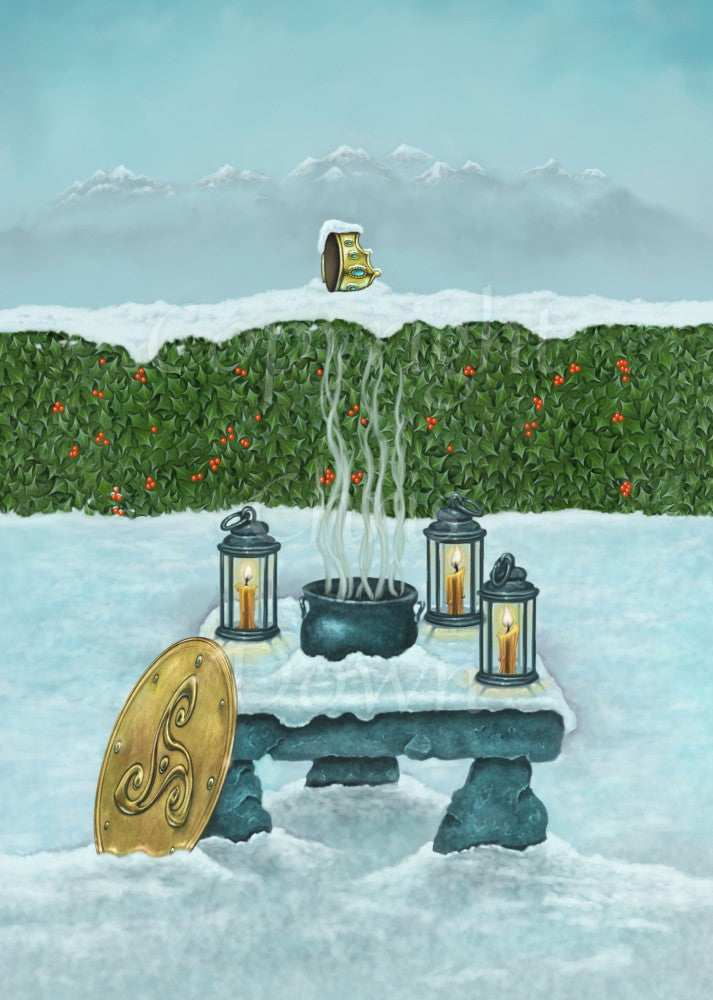 A snow-covered table sits in the centre of the painting. In the centre of the table lies a steaming cauldron. A golden crown is suspended in the air above it. Propped up against the table, at the front left, is a large circular shield. Lit candle lanterns sit on the other three corners of the table. There's snow on the ground, and mountains in the distance. There's a snow-covered holly hedge right across the image from left to right, a short distance behind the table.