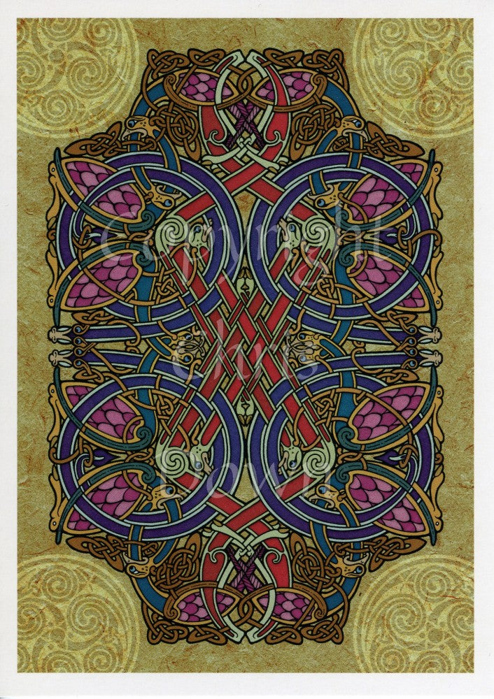 A complex and colourful Celtic design which includes four Celtic circle designs inside a central rectangle of mostly blues, reds, pinks and browns, surrounded by a dark beige background. Four beige Celtic patterns, one in each corner of the design, overlap the central rectangle.