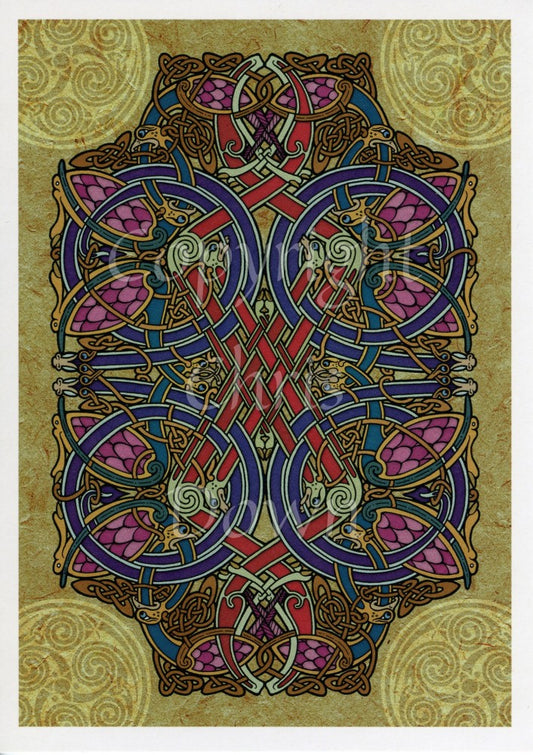A complex and colourful Celtic design which includes four Celtic circle designs inside a central rectangle of mostly blues, reds, pinks and browns, surrounded by a dark beige background. Four beige Celtic patterns, one in each corner of the design, overlap the central rectangle.