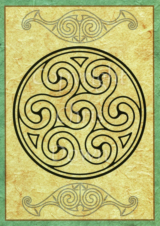 A series of Celtic spirals enclosed in a circle. There are two further Celtic shapes above and below the main circle. The background is a beige pattern, with a green border. the Celtic design is black.