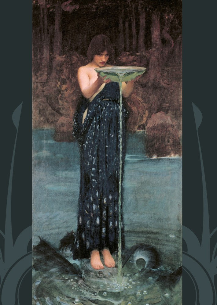A young woman in a blue dress hovers above a pool of water. In her hands she holds a clear bowl, and water is pouring off the front edge of the bowl into the pool below. Something with wings is in the water beneath her. Extending behind her into the near distance is more of the pool, rising into dark woodland. Colours are blues and browns.