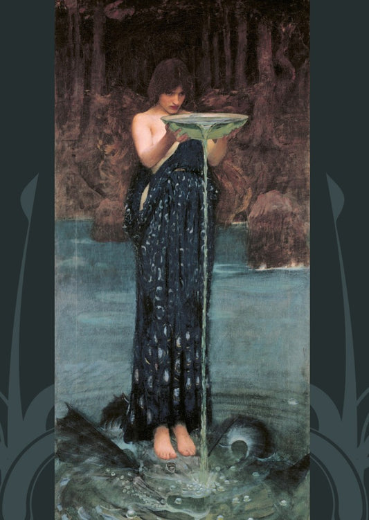 A young woman in a blue dress hovers above a pool of water. In her hands she holds a clear bowl, and water is pouring off the front edge of the bowl into the pool below. Something with wings is in the water beneath her. Extending behind her into the near distance is more of the pool, rising into dark woodland. Colours are blues and browns.