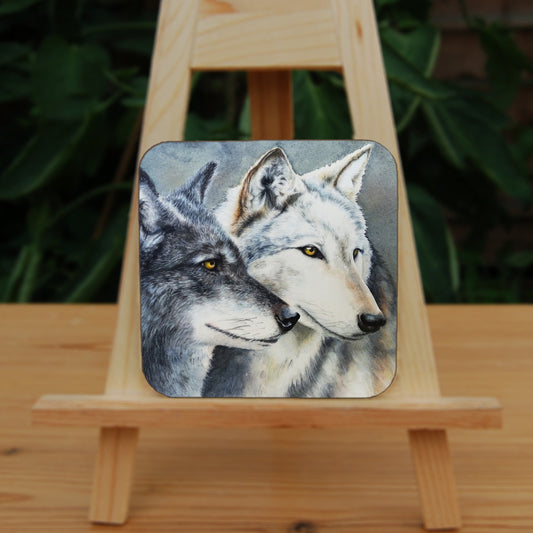 Two grey wolves face to the right, their heads close together. Only the heads of the wolves are shown.