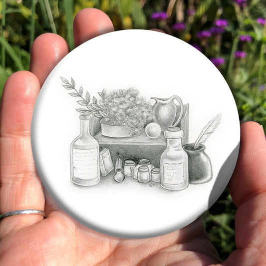 Black and white pencil drawing of a small shelf with a tray of herbs and a jug on top, and an array of small bottles underneath. Larger labelled bottles sit one each side, including an open pot containing a feather.