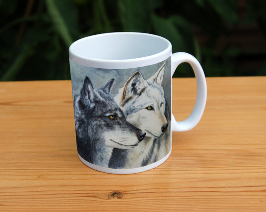 Two grey wolves face to the right, their heads close together. Only the heads of the wolves are shown.