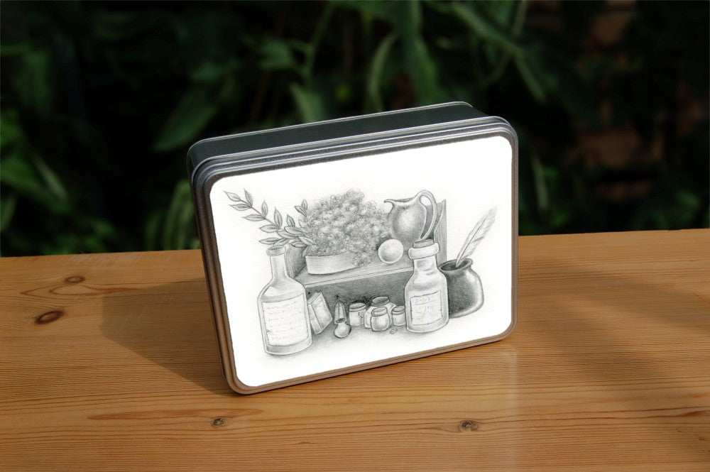 Black and white pencil drawing of a small shelf with a tray of herbs and a jug on top, and an array of small bottles underneath. Larger labelled bottles sit one each side, including an open pot containing a feather.