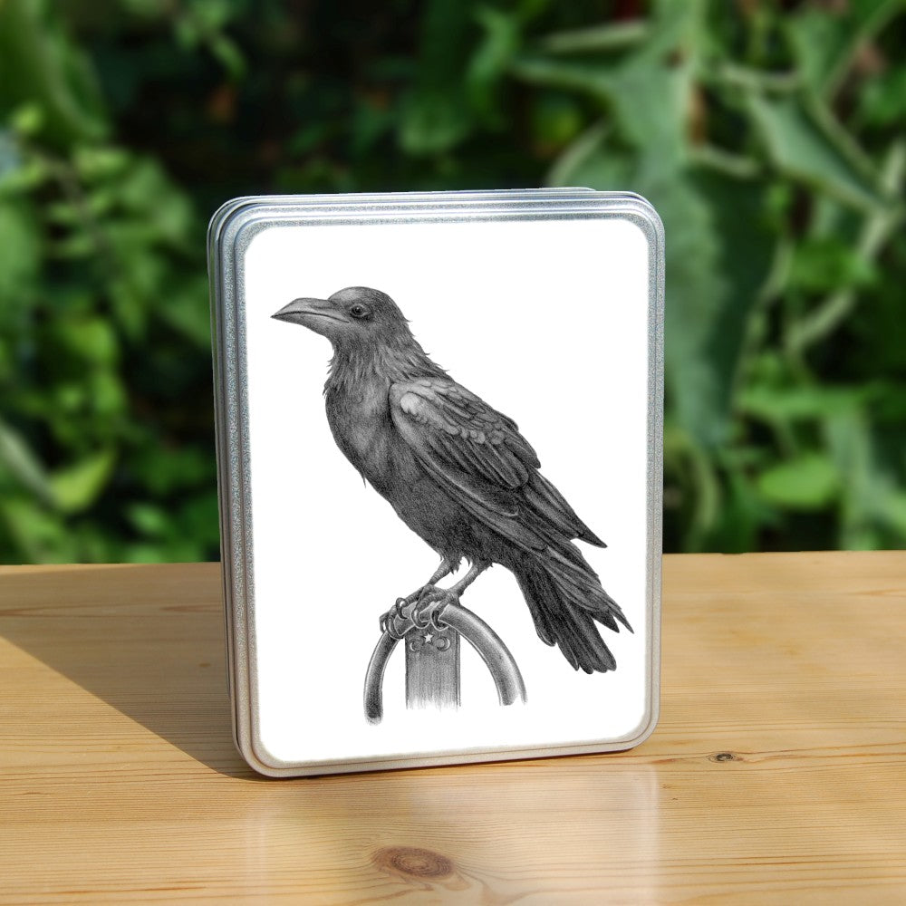 Black and white pencil drawing of a raven sitting on a metal ring.