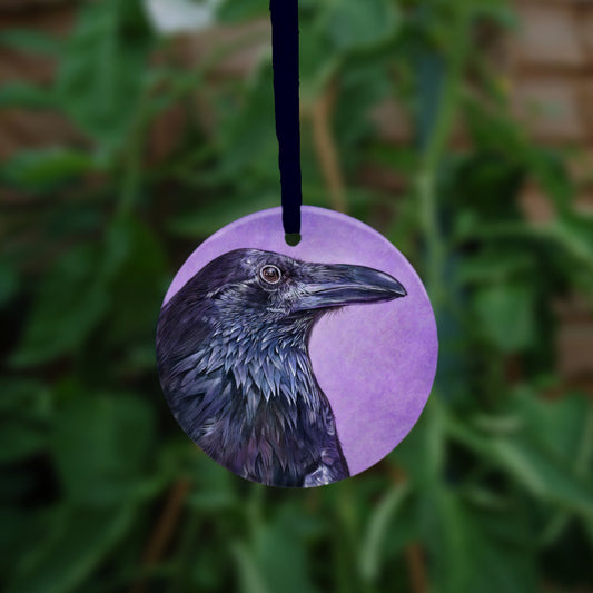 A side view of the head and neck of a raven with lots of feather detail. The raven is coloured black with purple shading, and the background is mottled purple.