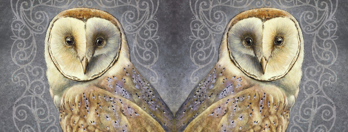 The wrap image of the mug. The owl is shown once on each side of the mug. One owl is reversed, so they appear back-to-back.