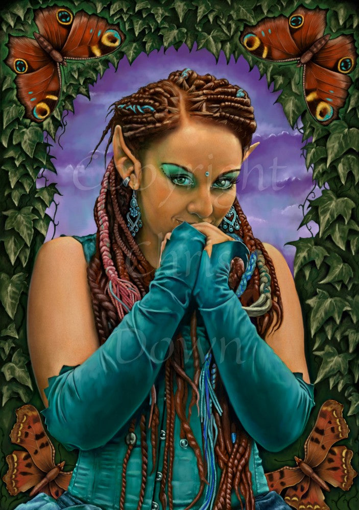 A brown-skinned female elf with long braided brown hair tied back, looks toward the viewer, hands held together in front of her mouth as though to suppress laughter. She wears a turquoise sleeveless dress and elbow-length arm sleeves. She's surrounded by ivy with a butterfly in each corner.