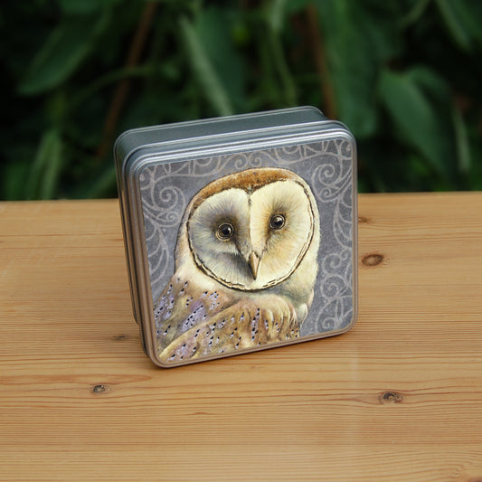 A square metal tin: A pale brown bird with cream face sits sideways, coming in from the left hand side of the design, and looking directly at the viewer. The background is grey, overlaid a paler grey border consisting of a pattern of swirls.