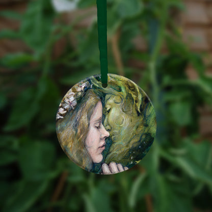 The other side of the ornament, showing a close-up of the woman and green man.