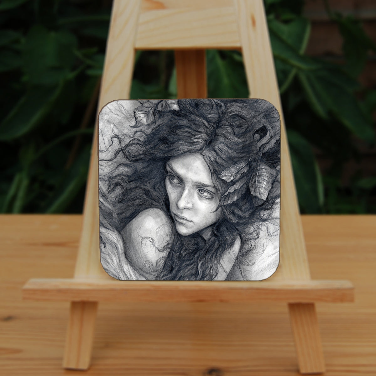 A square coaster: Pencil illustration of the head and shoulders of a young woman looking back over her shoulder. She has a mass of hair sticking out in all directions around her head and down her front. Leaves are woven - or perhaps stuck - in her hair.