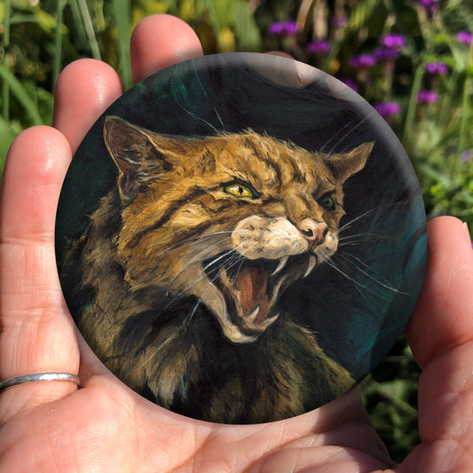A hand holding a circular object: The head and body of a snarling brown striped cat. 