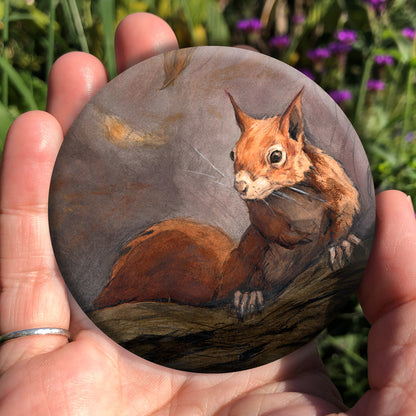 A hand holding a circular object: A red squirrel sitting on a branch facing the viewer. Autumnal leaves and branches fill the scene. Colours are reds, oranges and browns.