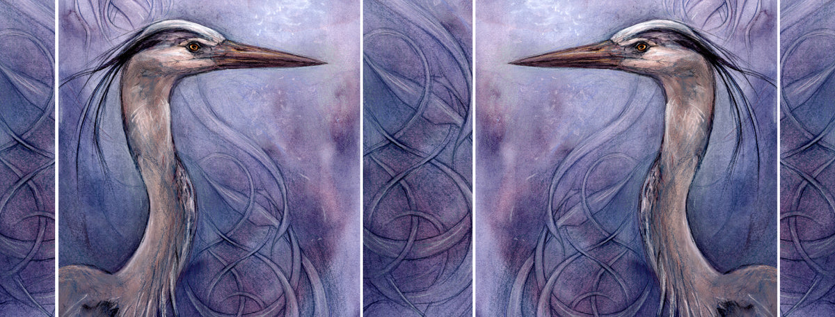 The wrap image of the mug. The design is repeated each side, one reversed, with part of the blue/purple pattern in the gaps between them.