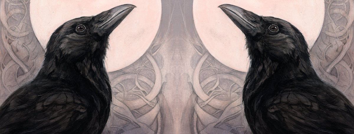 The wrap image of the mug. The image is repeated on the other side of the mug, reversed so the ravens face one another.