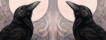 The wrap image of the mug. The image is repeated on the other side of the mug, reversed so the ravens face one another.