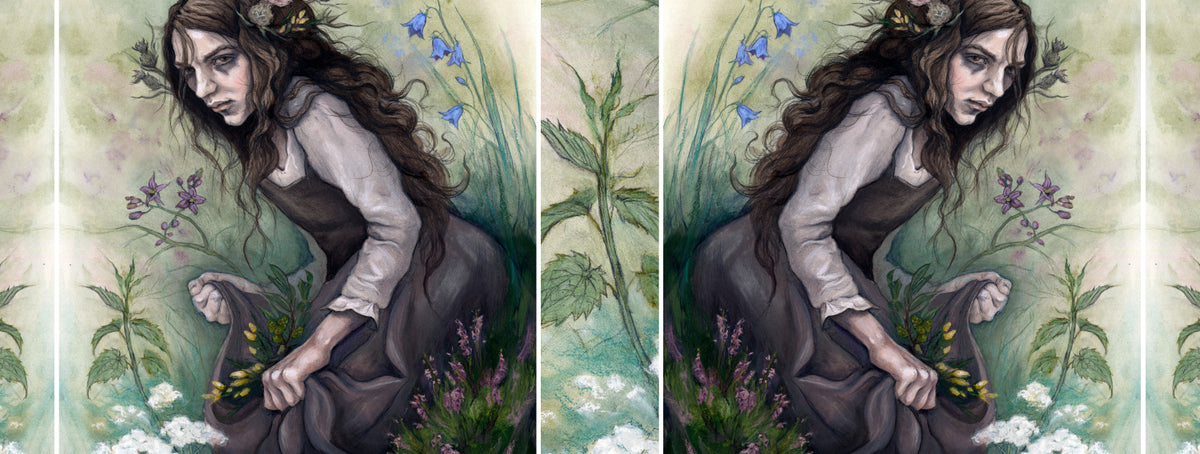 The wrap design of the mug. The design is repeated once on the other side of the mug, reversed. Slices of flora from the design fill the gaps inbetween the main design.