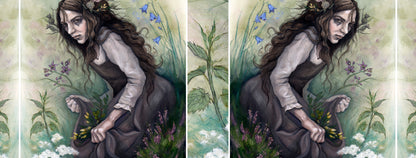 The wrap design of the mug. The design is repeated once on the other side of the mug, reversed. Slices of flora from the design fill the gaps inbetween the main design.