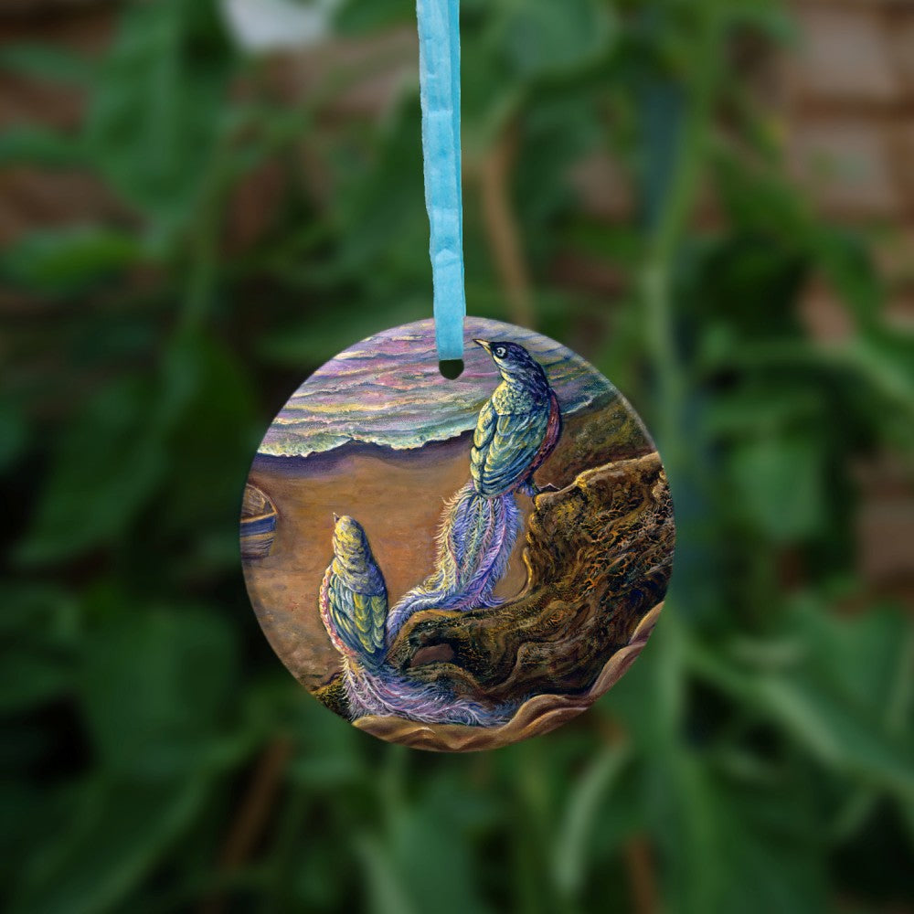 The reverse side of the ornament showing just the two colourful birds.