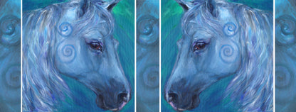 The wrap design of the mug. The horse is shown once each side of the mug, with the spirals from the head filling the gaps inbetween. One of the horses is reversed, so they face each-other.