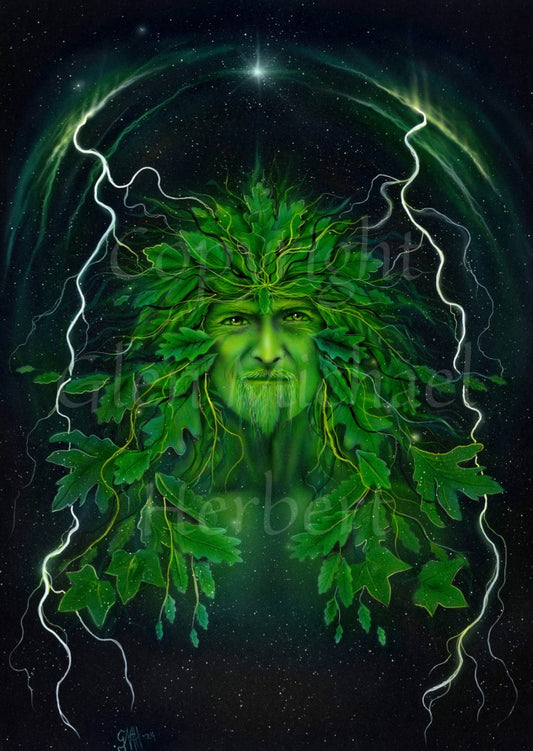 The head of a man with green skin and a short beard. His long hair is made from deep green oak leaves, flowing downwards but also out from the top of his head. Lightning forks, originating from a glowing green and yellow arch radiating from a star over his head, flow into his head and down either side.