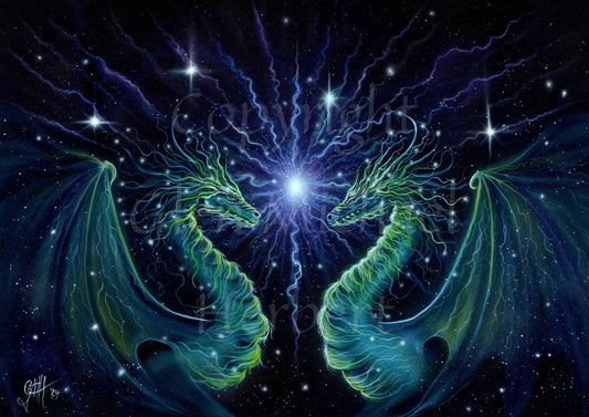 A mirror image pair of green dragons facing one another on long necks, their wings held up behind them. They appear as streams of energy in shades of blue, green and yellow. In the centre of the image behind them, a star radiates streams of white and blue energy. The background is a deep blue starlit sky.