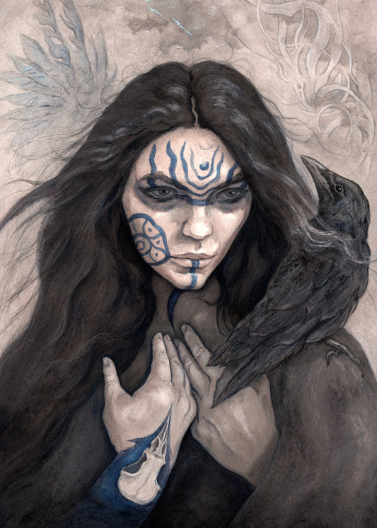 The head and shoulders of a woman with a raven sitting on her shoulder. She has long dark hair and her face is decorated with patterns in blue paint. Her hands are held together against her body. On her wrist she wears a blue band with a raven skull attached. The background is a mottled brown with feathers and swirls drawn within.