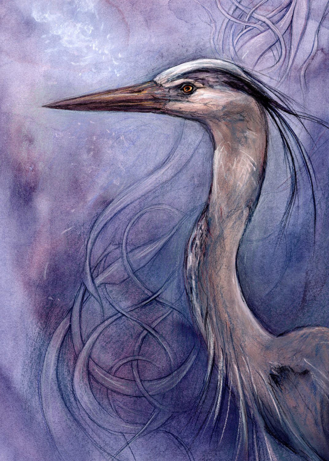 A sideways view of the head and neck of a heron. The background is a mottled purple with a swirl pattern.