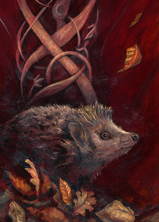 A hedgehog shuffles through crisp brown autumn leaves lying on the ground. Woven branches rise upwards, and a leaf falls towards the ground. Colours are browns and reds.