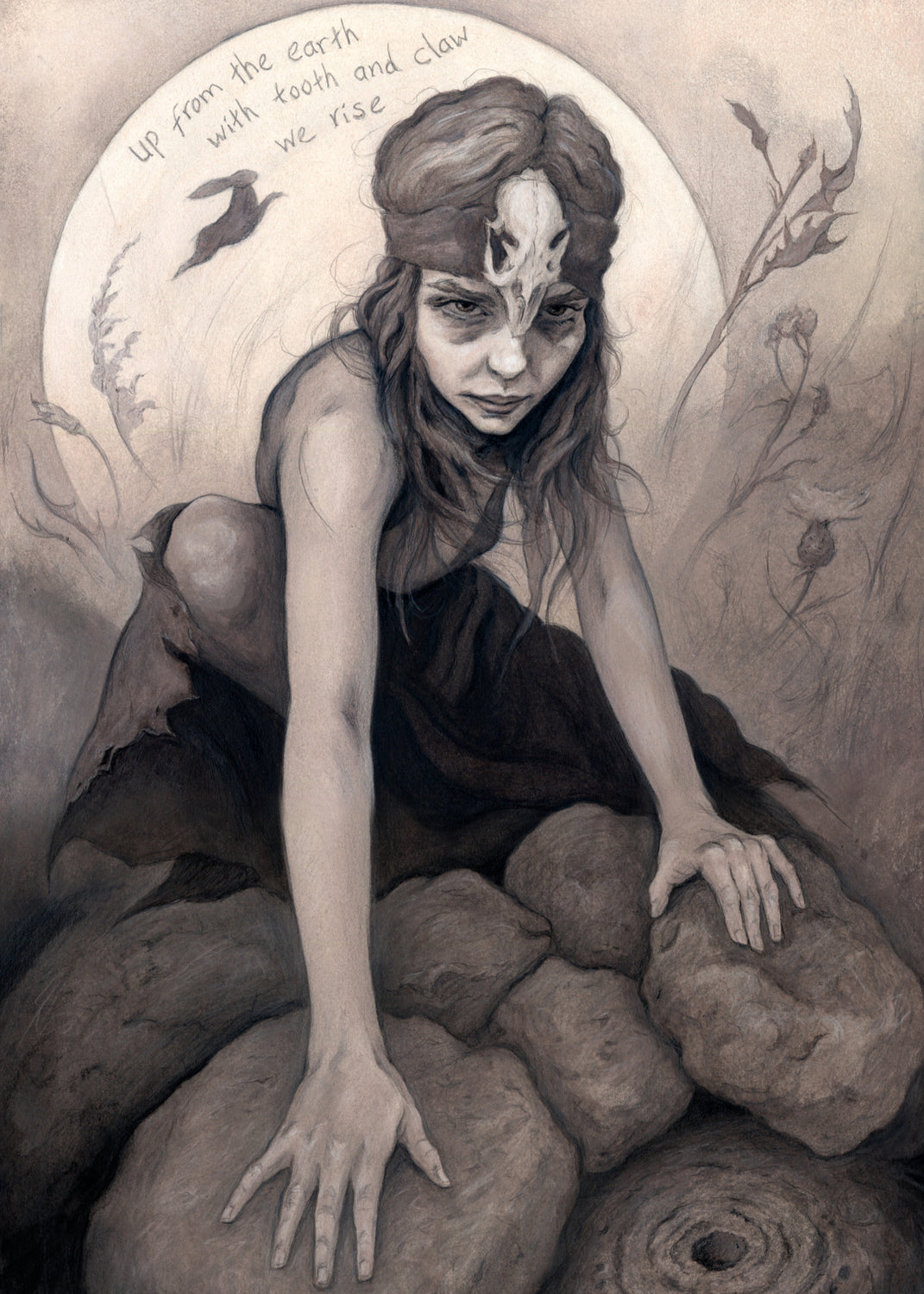 A young woman crouches on a pile of stones, her hands resting on stones in front of her. In front of the stones, a little lower down, is a stone with a round hole in it surrounded by a circular pattern. The woman wears a headband with a raven skull attached to the front. A full moon rises behind her, and a silhouette of a hare leaps in front of it. An inscription over the moon reads: Up from the earth with tooth and claw we rise. Stems and flowers fill the rest of the scene. 