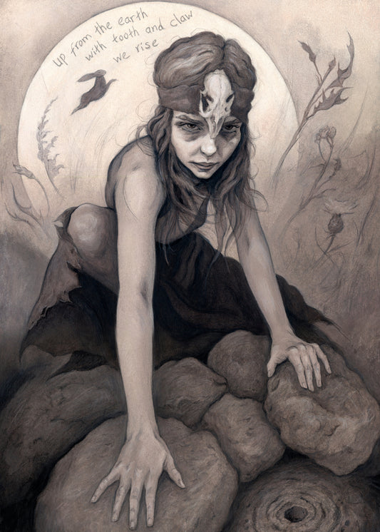 A young woman crouches on a pile of stones, her hands resting on stones in front of her. In front of the stones, a little lower down, is a stone with a round hole in it surrounded by a circular pattern. The woman wears a headband with a raven skull attached to the front. A full moon rises behind her, and a silhouette of a hare leaps in front of it. An inscription over the moon reads: Up from the earth with tooth and claw we rise. Stems and flowers fill the rest of the scene. 