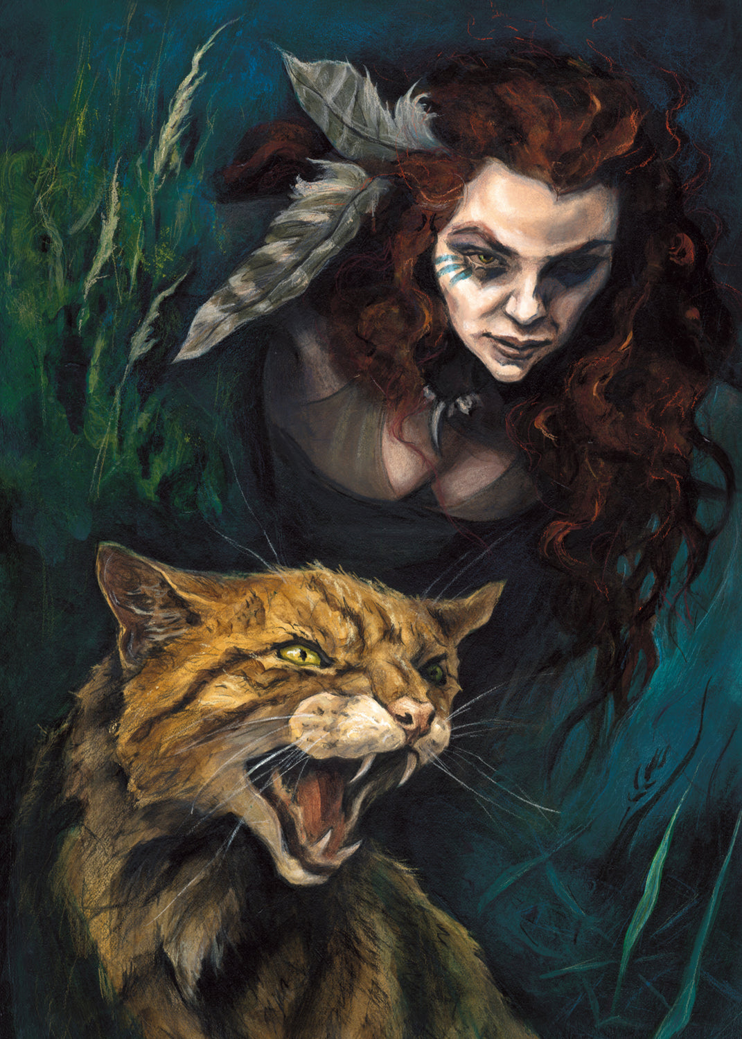 The head and chest of a woman with long red hair decorated with two feathers, and with lines of blue paint extending away from her eyes, looms into the picture above the head and body of a snarling brown striped cat. The background is dark blue and green vegetation.