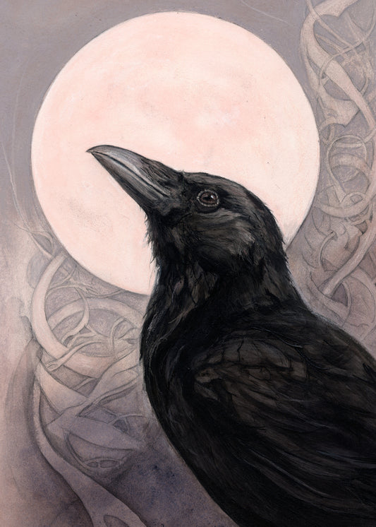 The head and body of a raven standing facing towards the left, head tilted upward, behind which is a full moon. The background consists of swirls in a pale pink-brown colour.