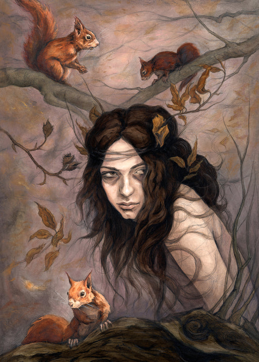 The head and body of a young woman appears above a thick tree branch, on which sits a red squirrel. Two more squirrels crouch on a branch above her. The woman is turning her head as if to look behind her. She has long brown hair with leaves stuck in it. Autumnal leaves and branches fill the scene. Colours are reds, oranges and browns.