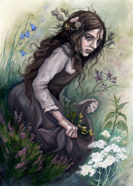 A young woman wearing a long brown sleeveless dress with a pale long sleeved top underneath, is surrounded by flowers as she kneels on the ground. The front of her dress is gathered in her hands to form an apron containing sprigs of bog myrtle and yellow gorse flowers. Heather grows next to her. Behind her are harebells, with woody nightshade to the other side and nettles and yarrow to the front. Thistles appear to be tied into her long brown hair.