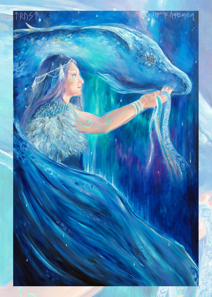 A woman with long blue hair stands in front of a blue dragon. Both look to the right. A wing wraps around one side, with the head on the other. The woman holds what appear to be strands of blue ribbon in her outstretched hand. The overall design colour is blue.