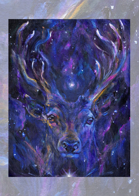 The head and neck of a stag looking directly at the viewer. The overall colours are deep purples and blues, with lighter peaks at the ends of the antlers.
