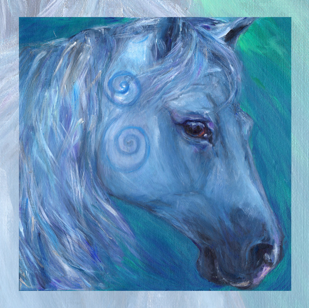 The head and mane of a horse, head facing mostly to the right. The horse is painted entirely in blue apart from a deep brown eye, with two spirals on and above the cheek. The background is blue-green.