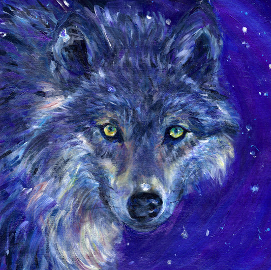 The head of a wolf, looking directly at the viewer. The overall colour of both the wolf and the background are shades of blue, with the exception of yellow/green eyes and flashes of paler fur around the neck.